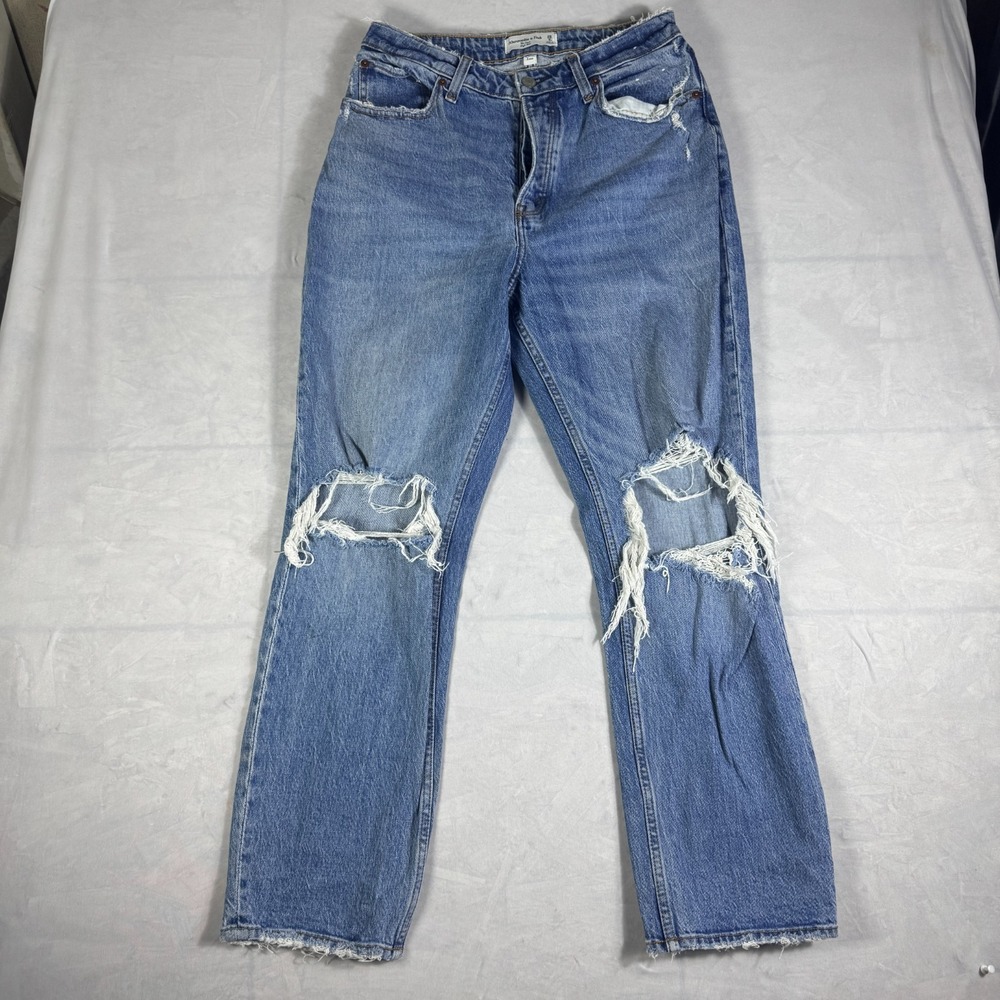 Abercrombie & Fitch Mens Dad Jeans Blue Distressed Denim Hi-Rise Curve Love 28/6